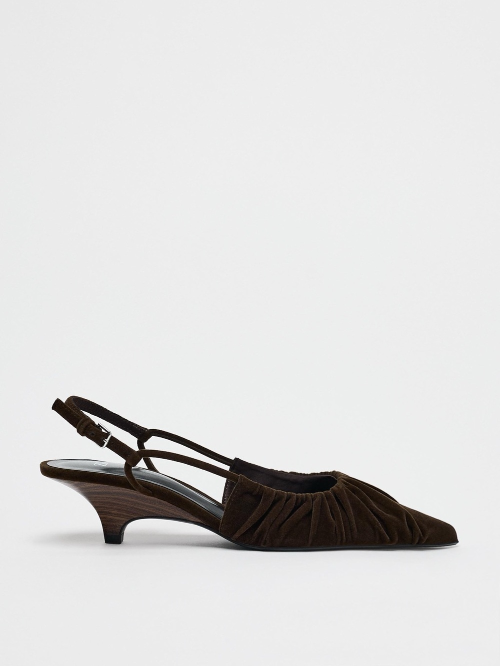 ZARA Velvet Look Ruched Slingback Brown Suede Kitten Heel Pump